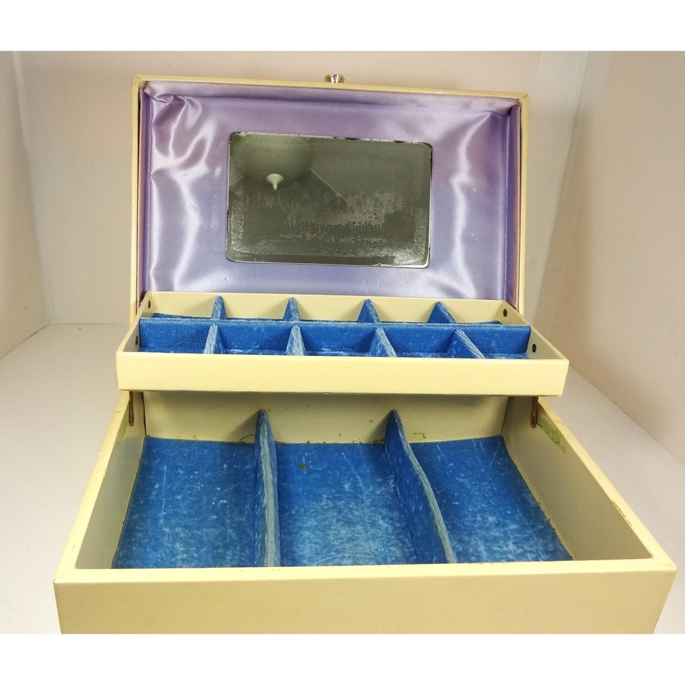 Vintage Lady Buxton Cream Faux Leather Jewelry Box Mirror‎ Cantilever Tray